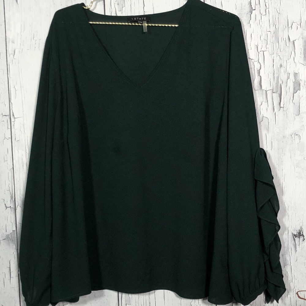 1.State Dark Green Ruffle Long Sleeve Blouse